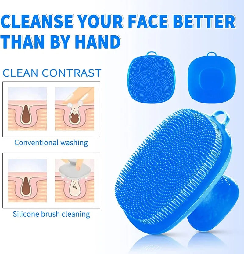 Blue silicone face cleaning brush with cleaning process illustrations on a white background