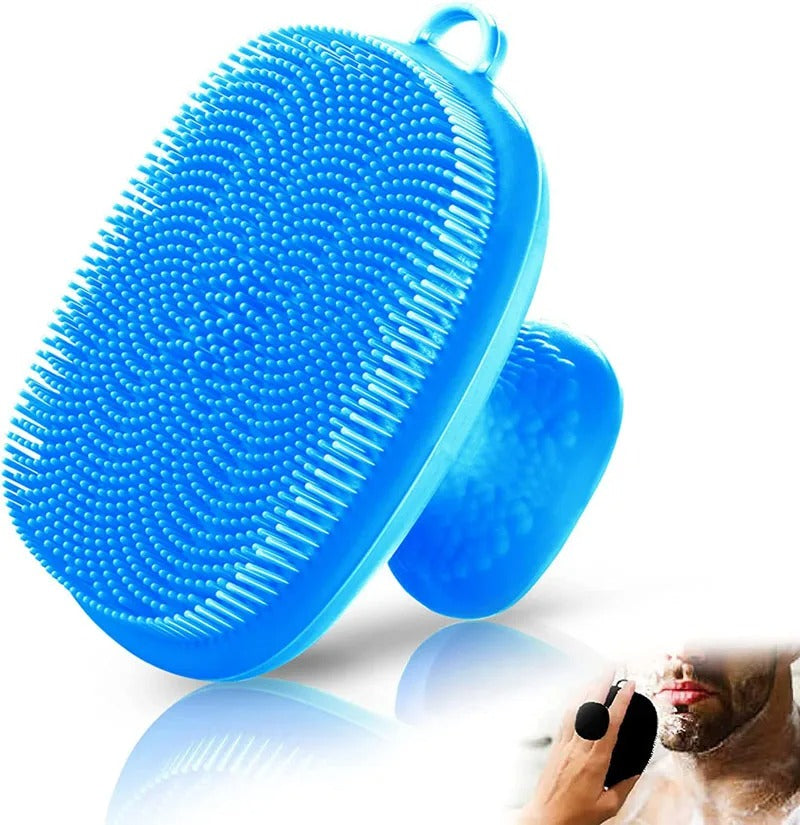 Blue silicone scrubber with bristles on a white background