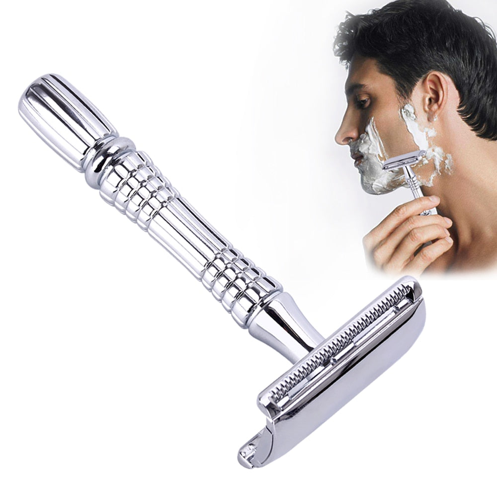 Chrome safety razor with a close-up of a person shaving.