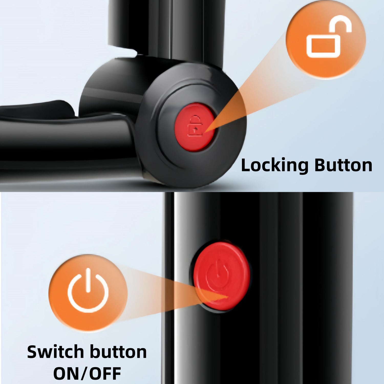 Close-up of a black device showing two red buttons: a locking button with an open padlock icon and a switch button with an ON/OFF symbol, labeled with text on a light blue background.