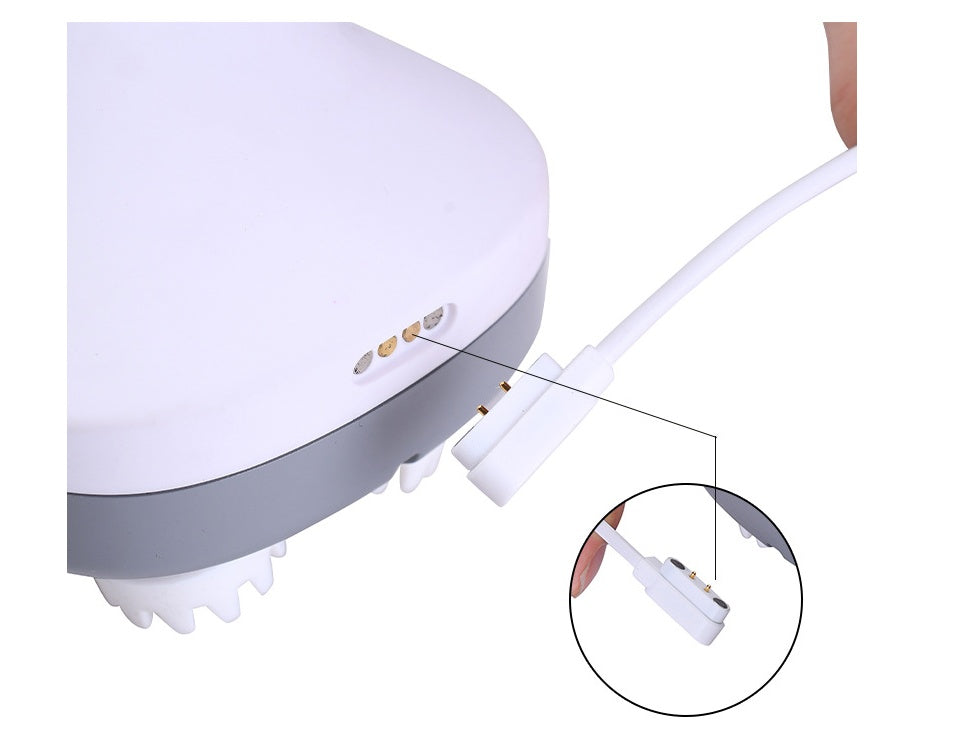 Close-up of a white and gray electronic device with a cable, on a white background.
