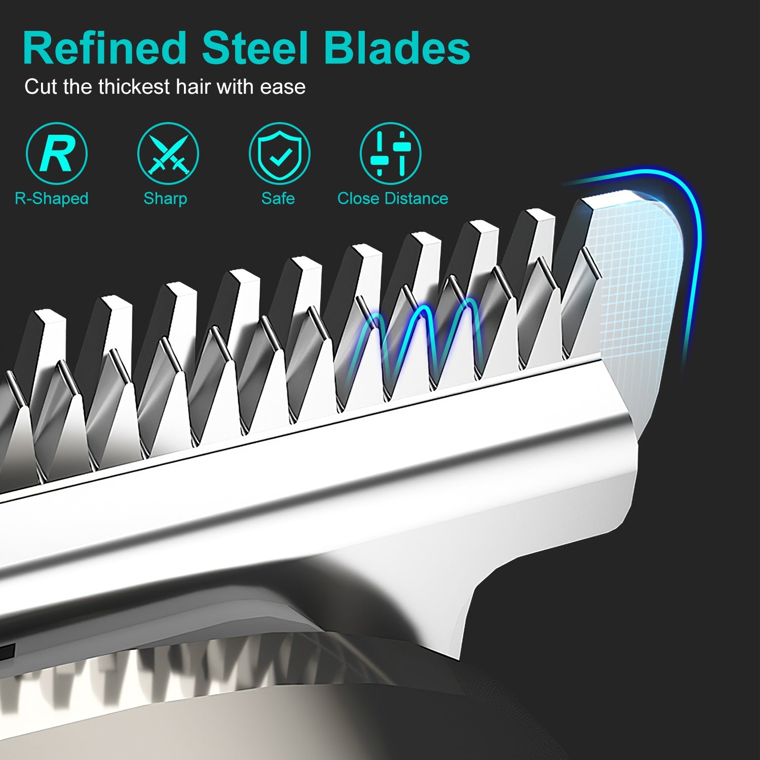 Close-up of refined steel blades with features highlighted on a dark background