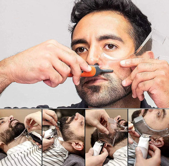 Collage of a man getting his beard trimmed with various tools.