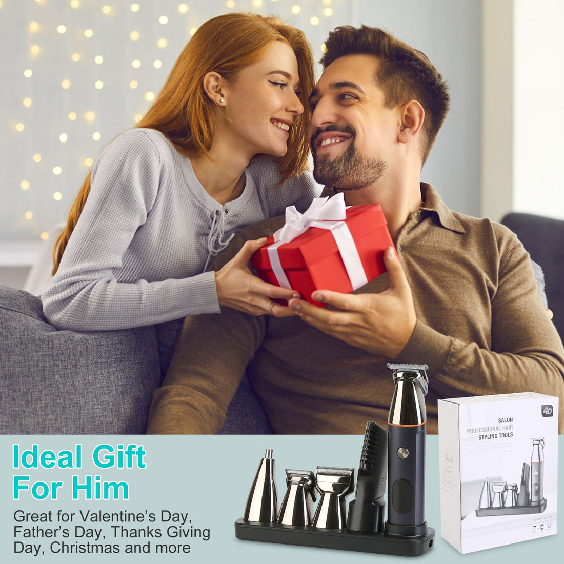 Couple exchanging a gift with grooming products displayed below.