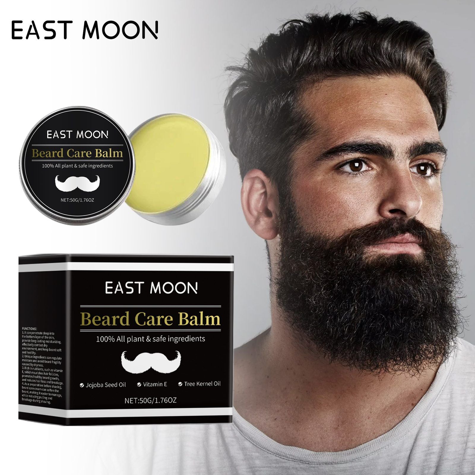 EAST MOON Beard Care Balm shown with its black-and-gold box, an open round tin revealing pale yellow balm, and a man with a full beard on a light gray background.
