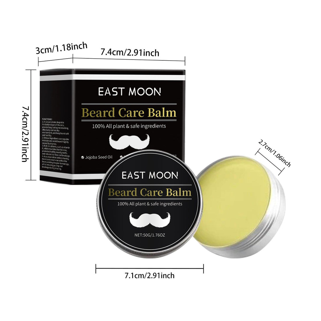 EAST MOON Beard Care Balm shown with its black retail box, round tin lid, and open round tin containing pale yellow balm, with measurement callouts around the product on a white background.