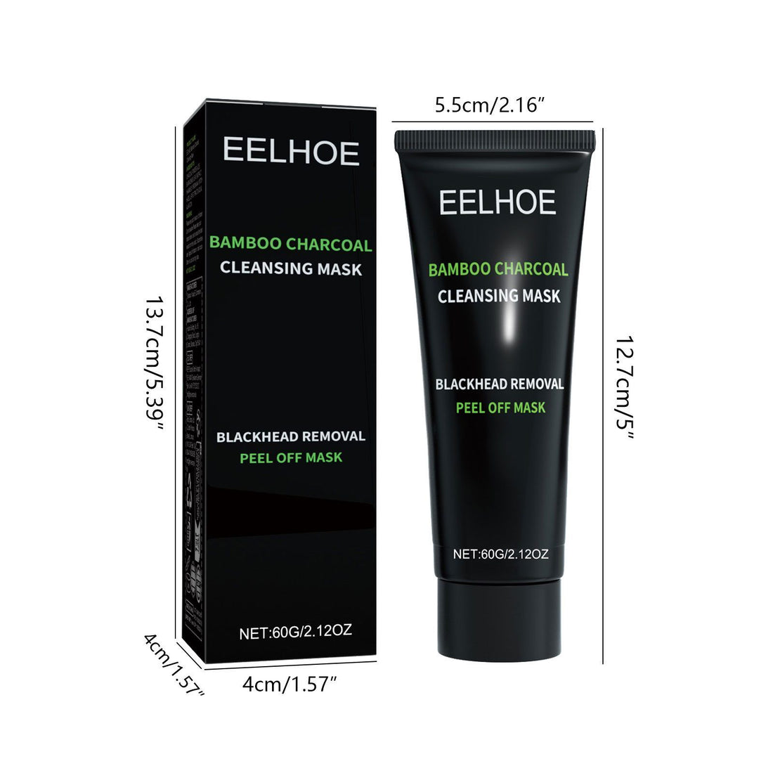 EELHOE Bamboo Charcoal Cleansing Mask packaging with dimensions on a white background