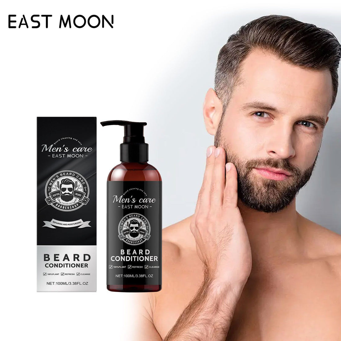 East Moon Men's Care Beard Conditioner bottle and box shown next to a shirtless man touching his beard, on a light gray background.