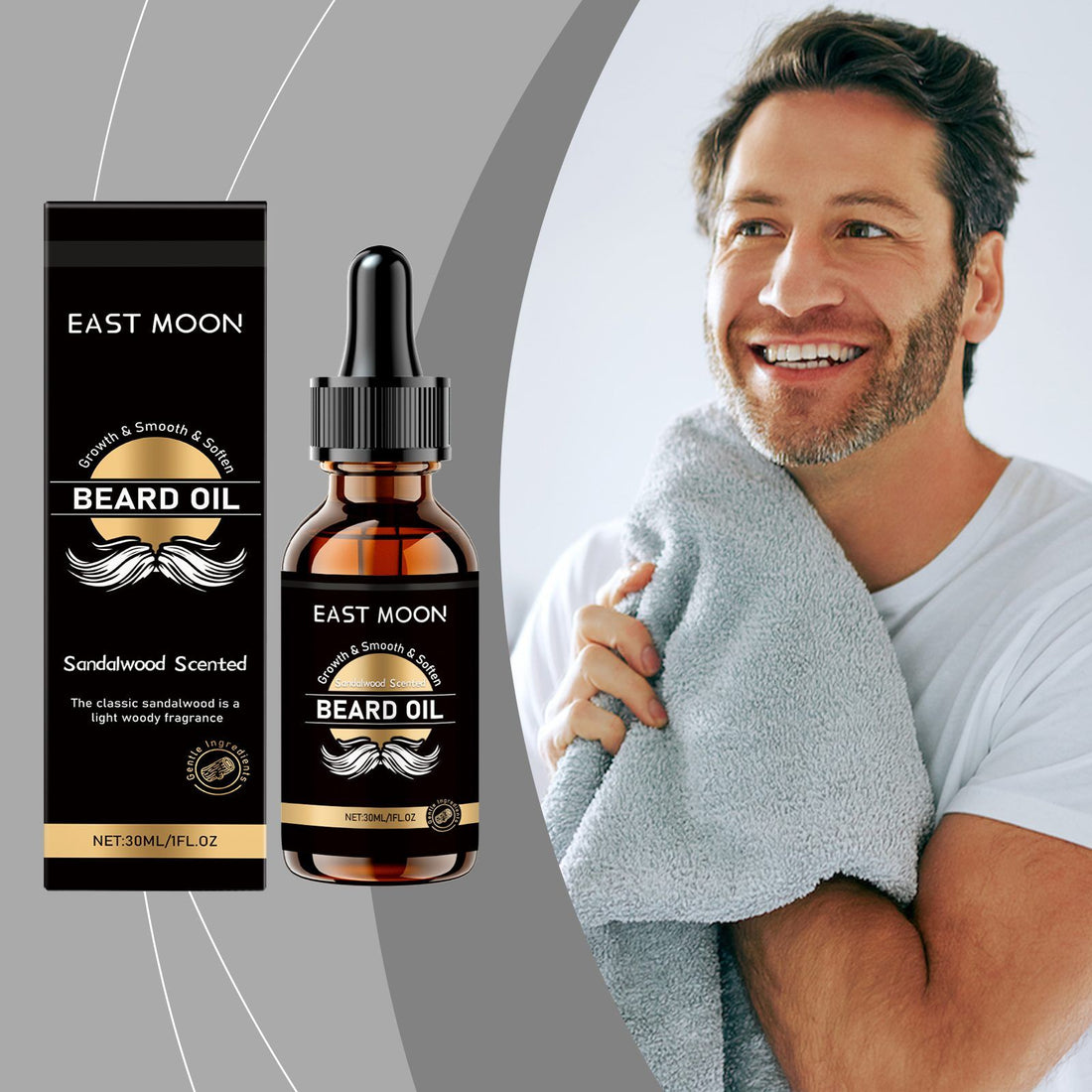 East Moon beard oil packaging with a man holding a towel on a gray background