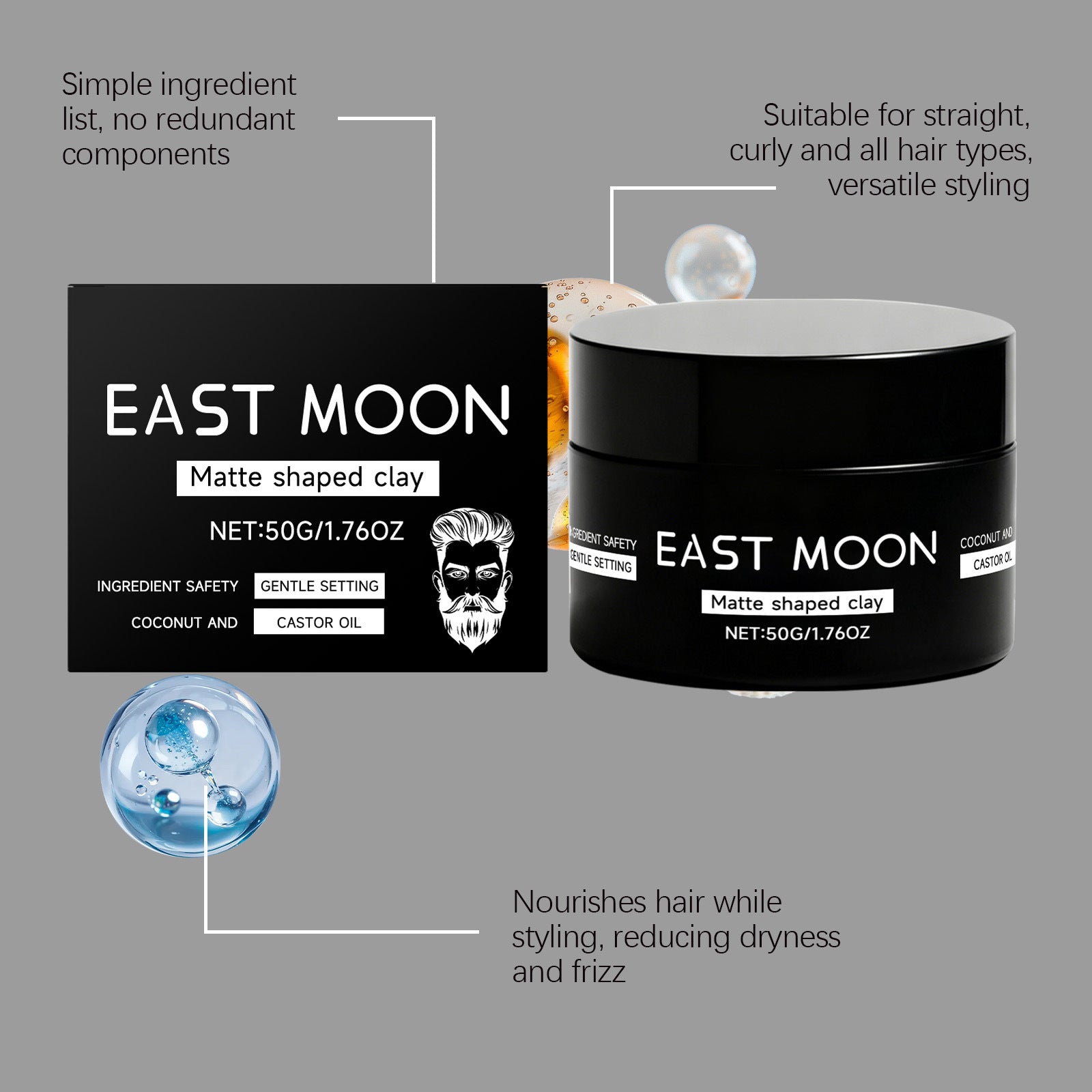 East Moon matte shaped clay packaging with product details on a gray background