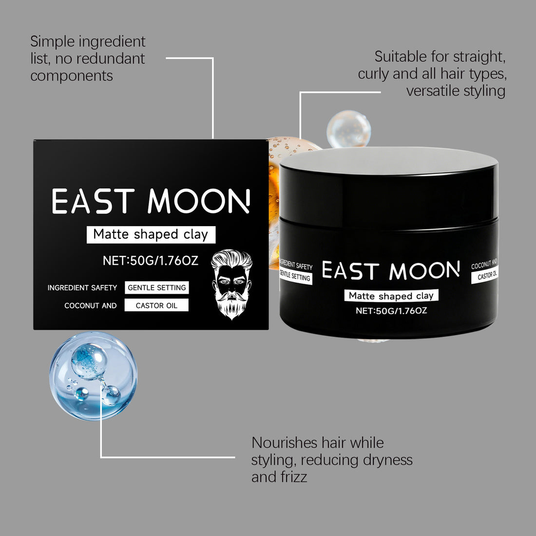 East Moon matte shaped clay packaging with product details on a gray background