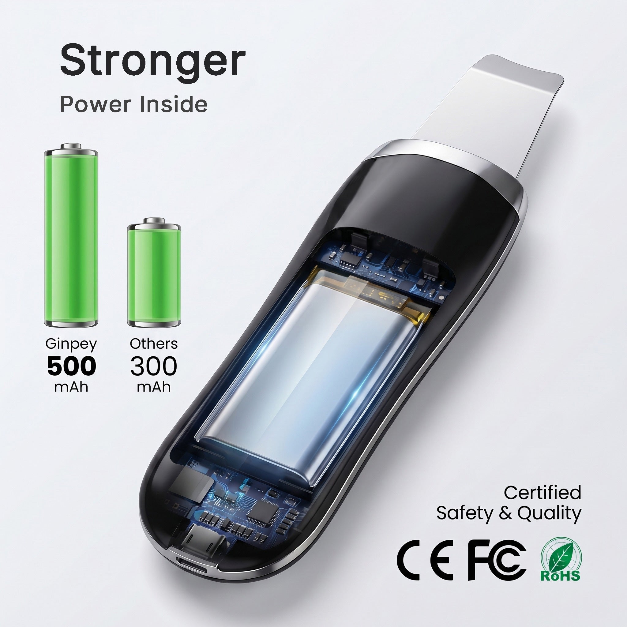 Electronic device with battery display and text 'Stronger Power Inside' on a white background