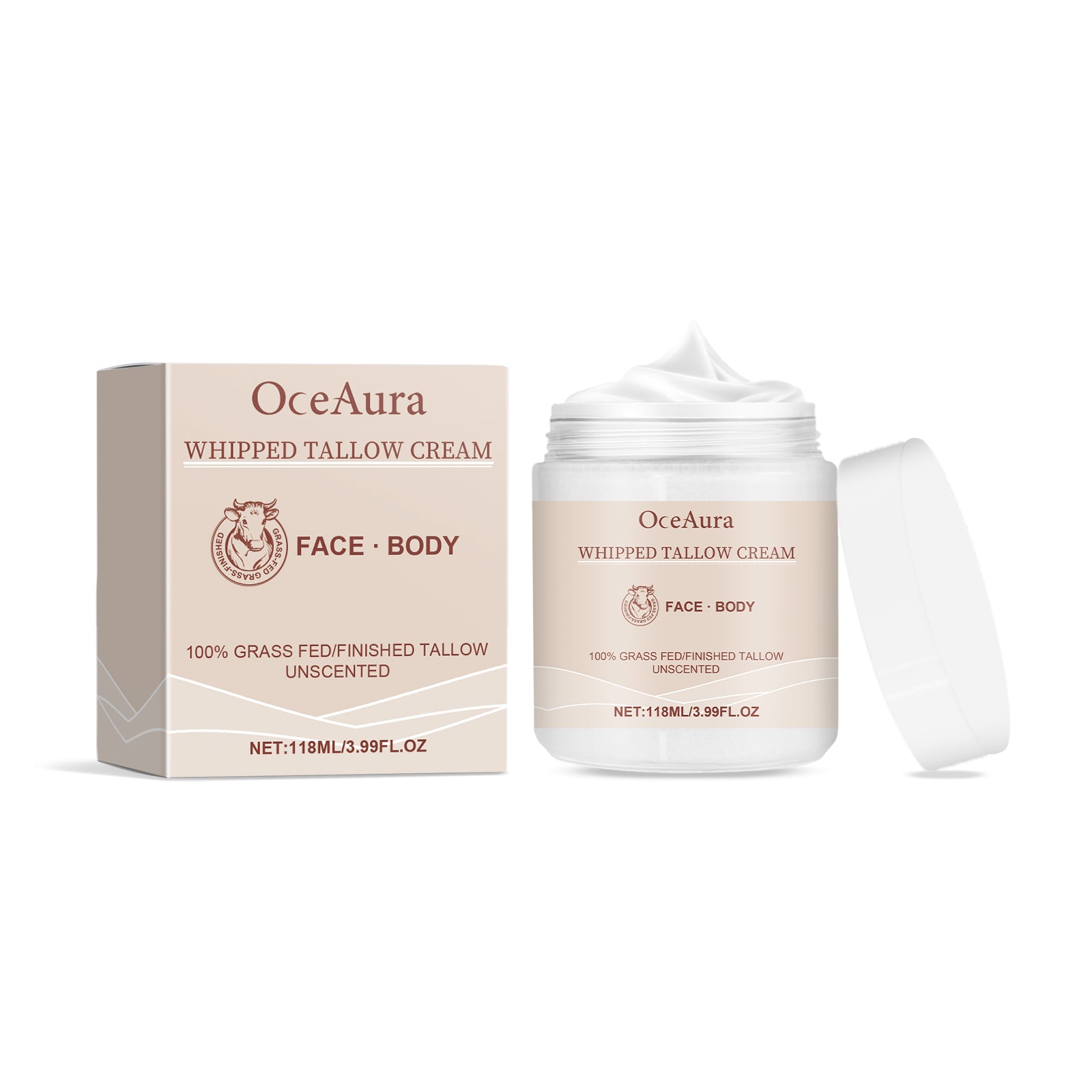 OceAura whipped tallow cream with packaging on a white background