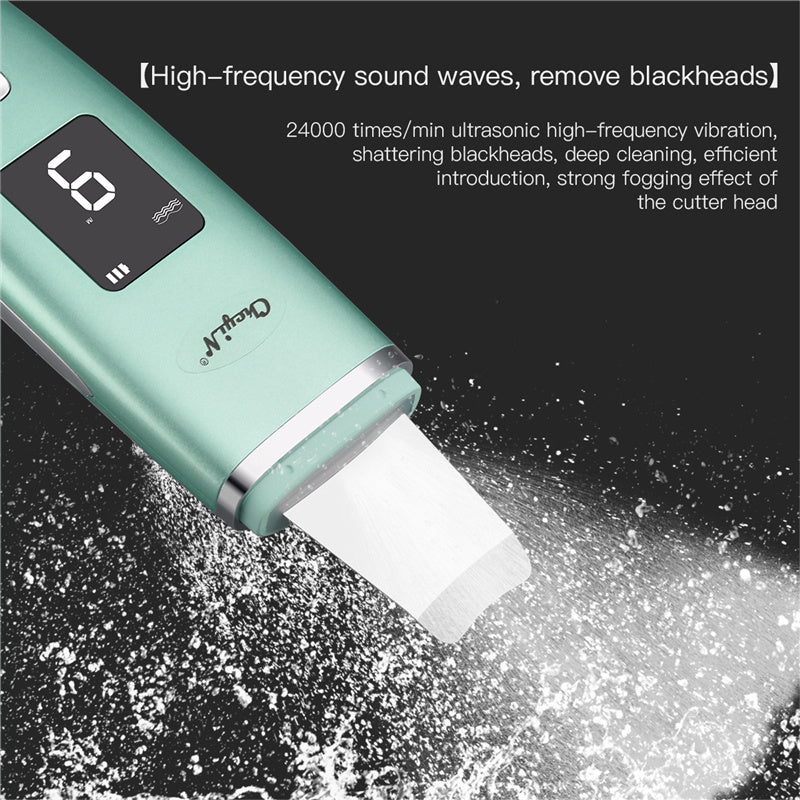 Facial cleansing device with digital display on a dark background