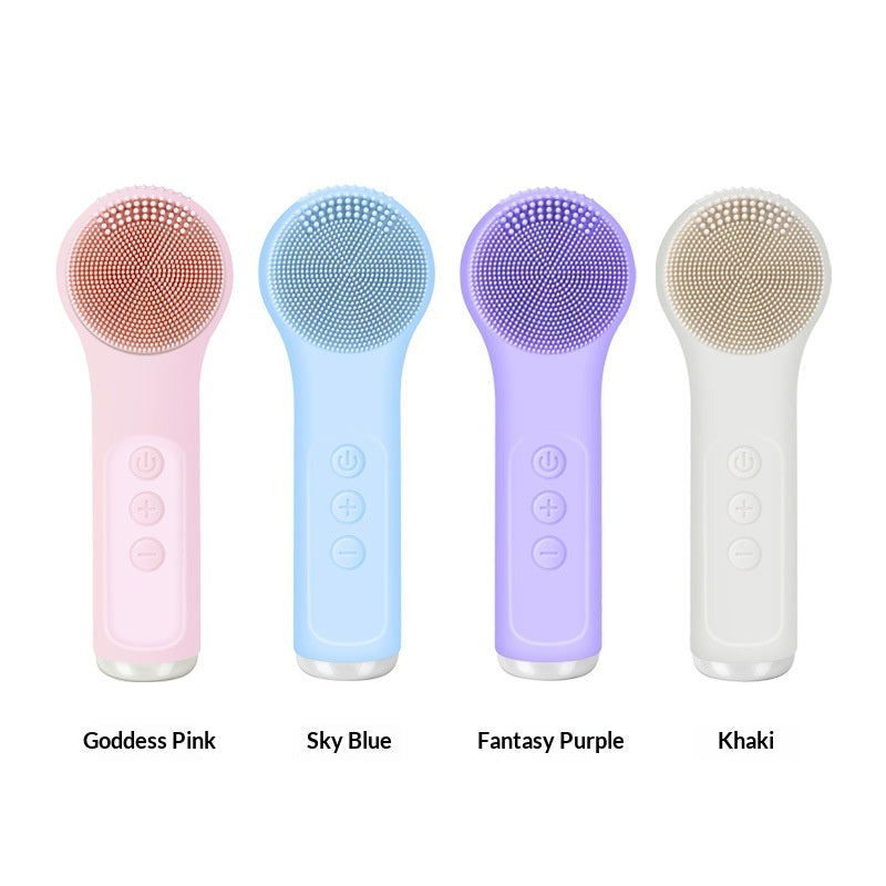 Four electronic cleaning brushes in different colors with color labels on a white background.