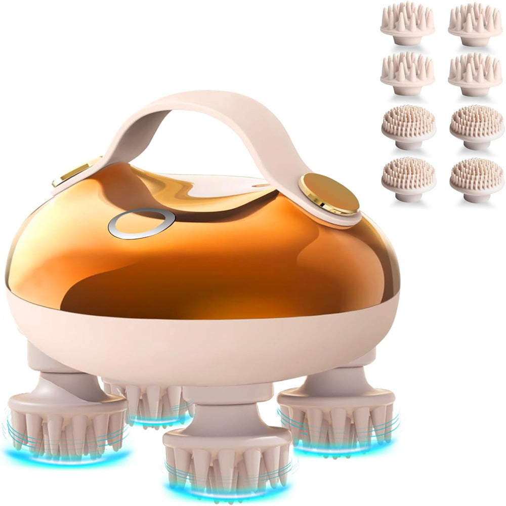 Gold and beige facial cleansing device with multiple brush heads on a white background