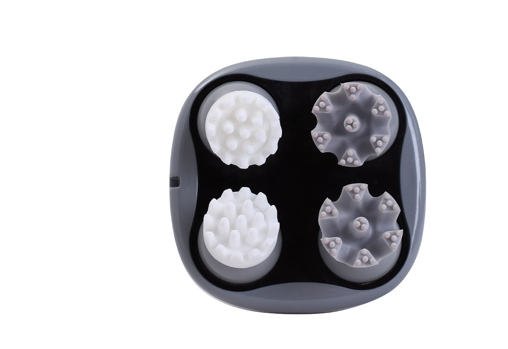 Black electronic device with four textured white and gray buttons on a white background