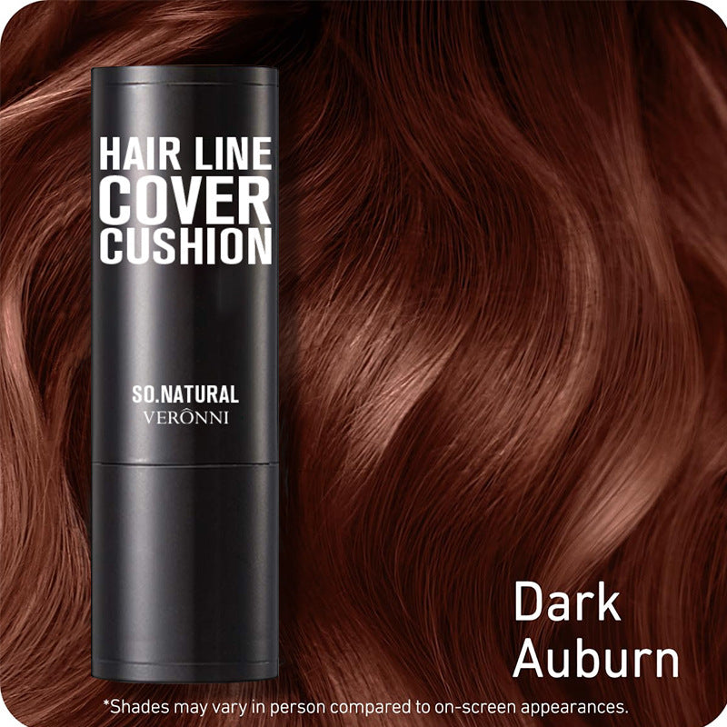Hair line cover cushion with 'Dark Auburn' hair color on a brown hair background