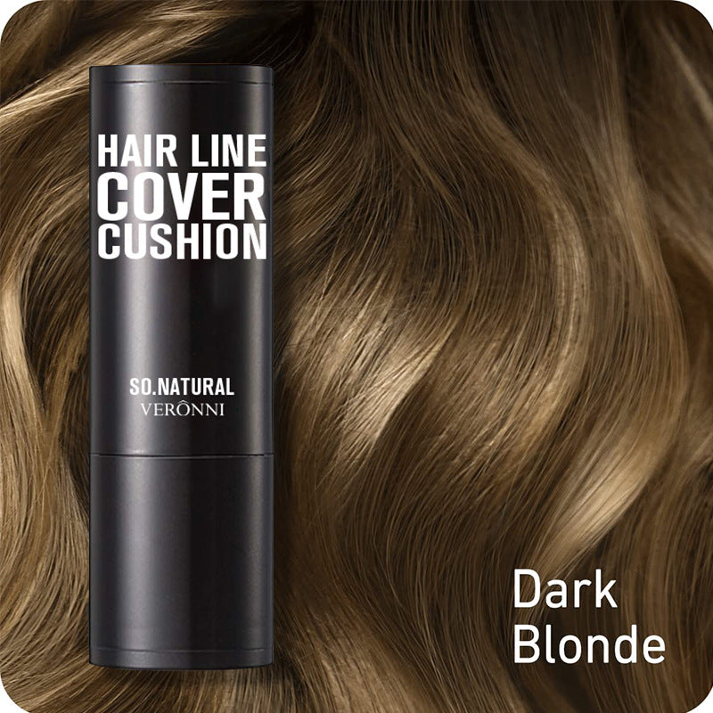 Hair line cover cushion with 'SO NATURAL VERONNI' branding on dark blonde hair background