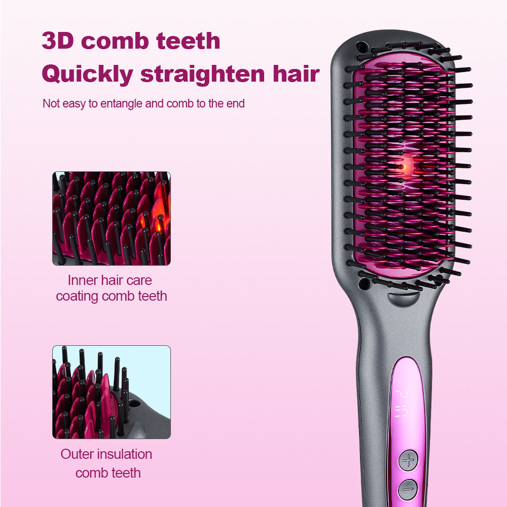 Hair straightening brush with pink bristles on a pink background