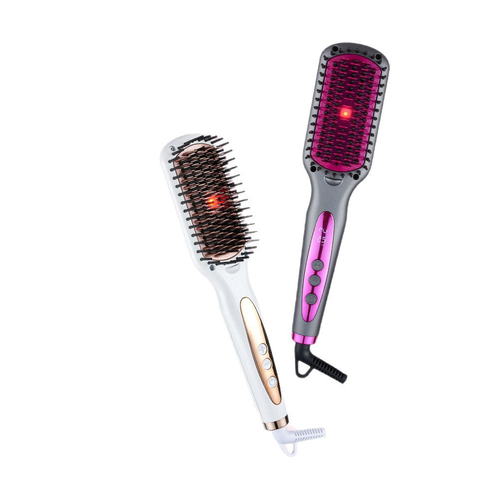 Hair styling tools including a round brush and a straightening iron on a white background