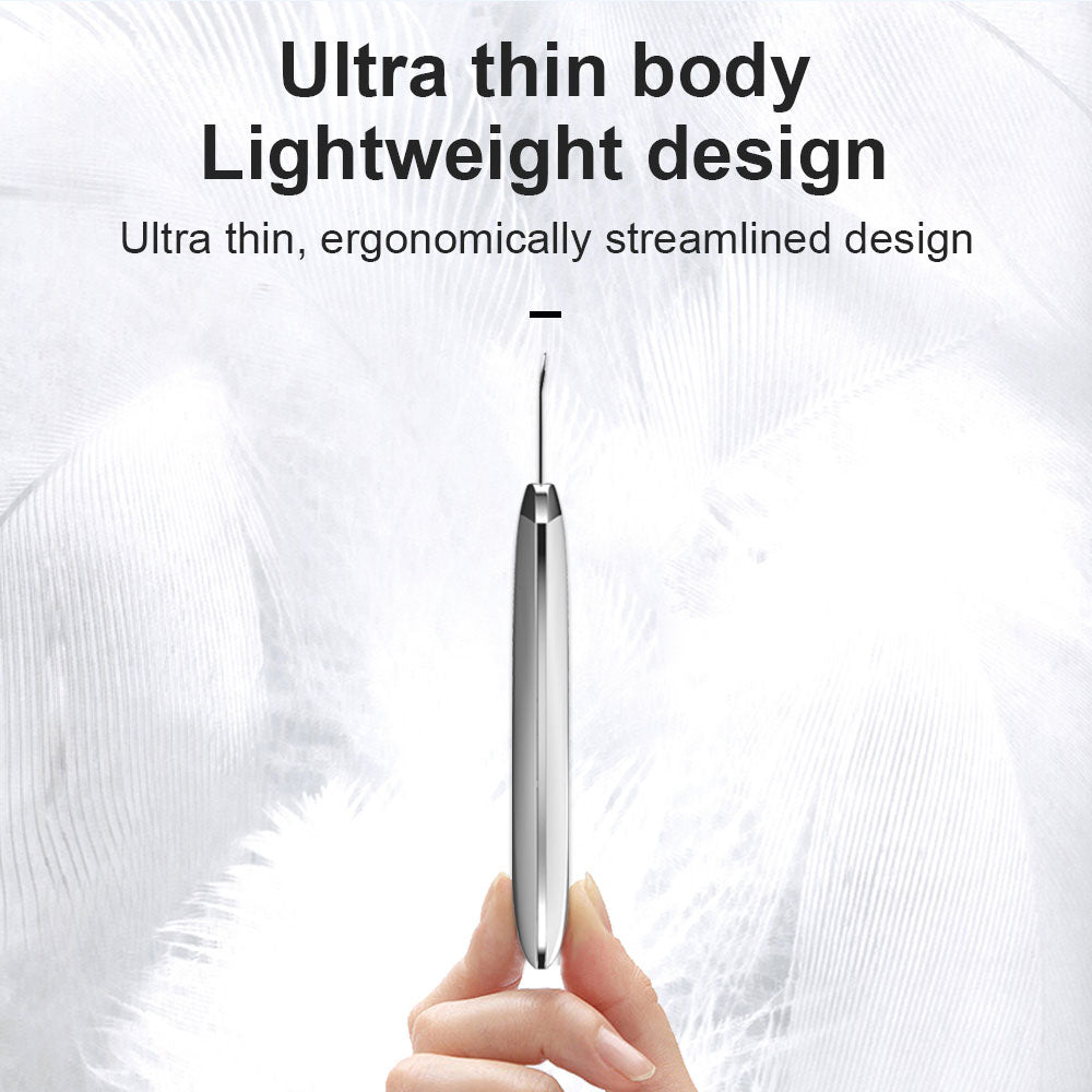 Hand holding a thin, metallic tool against a white background with text about its ultra-thin body and lightweight design.