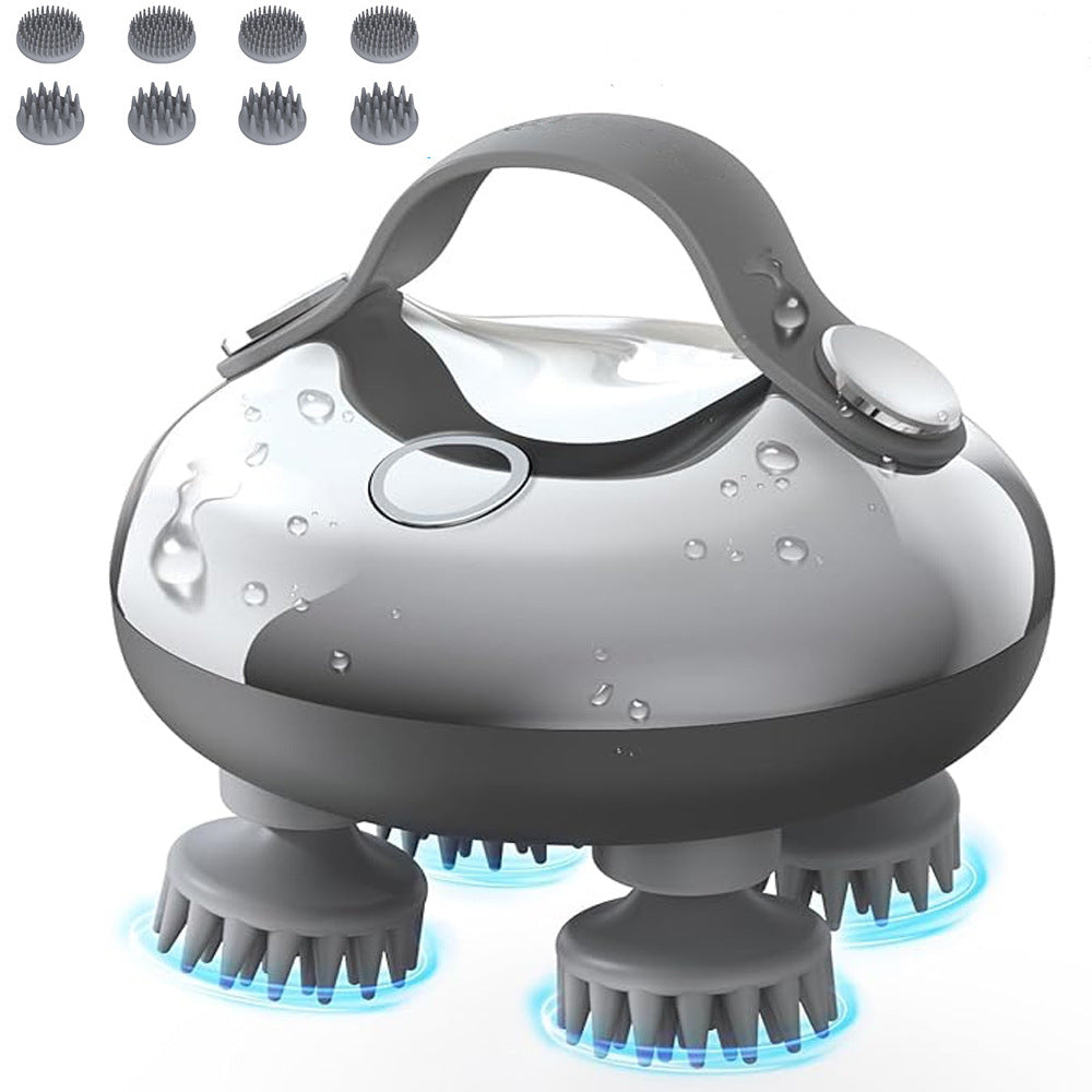 Handheld massager with multiple brush heads on a white background