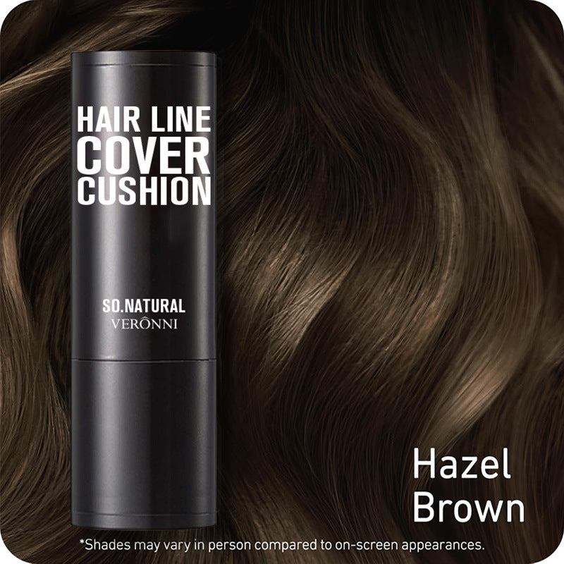 Hair line cover cushion container with 'Hazel Brown' hair color on a brown hair background