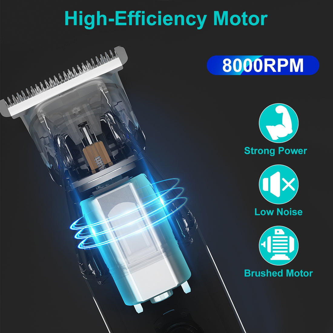 High-efficiency motor with 8000 RPM on a dark background