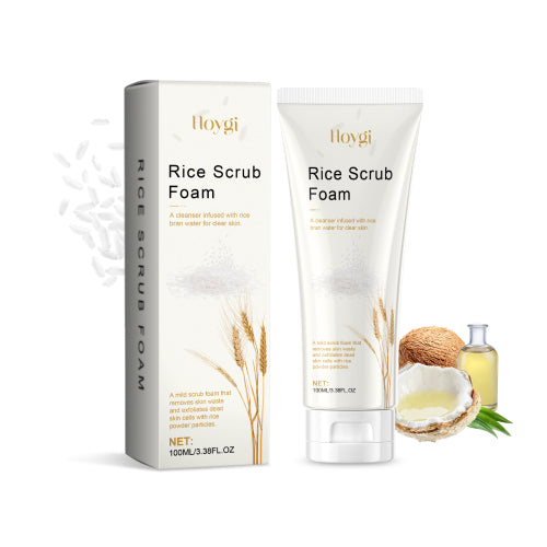 Hoygi Rice Scrub Foam packaging with a tube and box on a white background