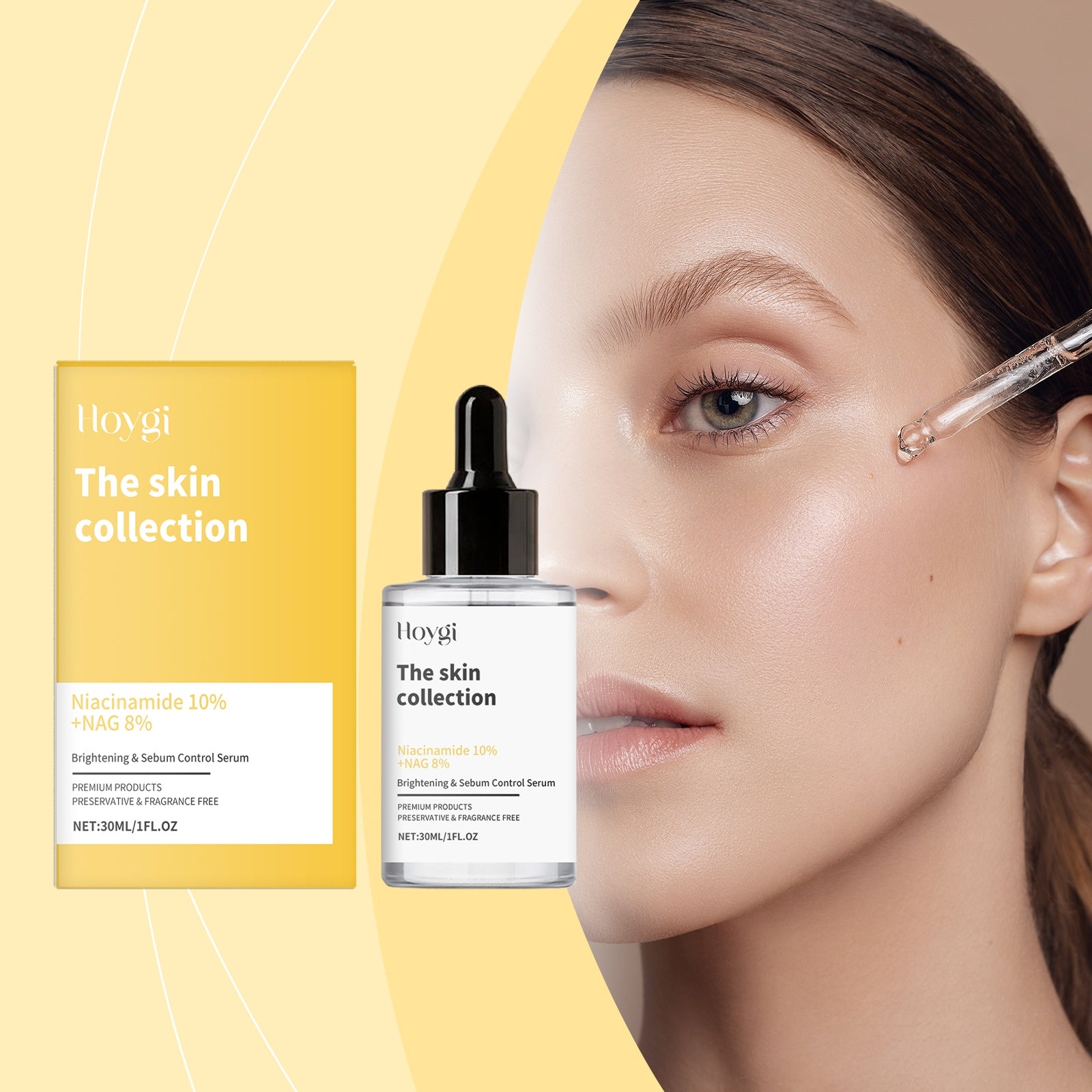 Hoygi skincare product with packaging and a woman applying the product.