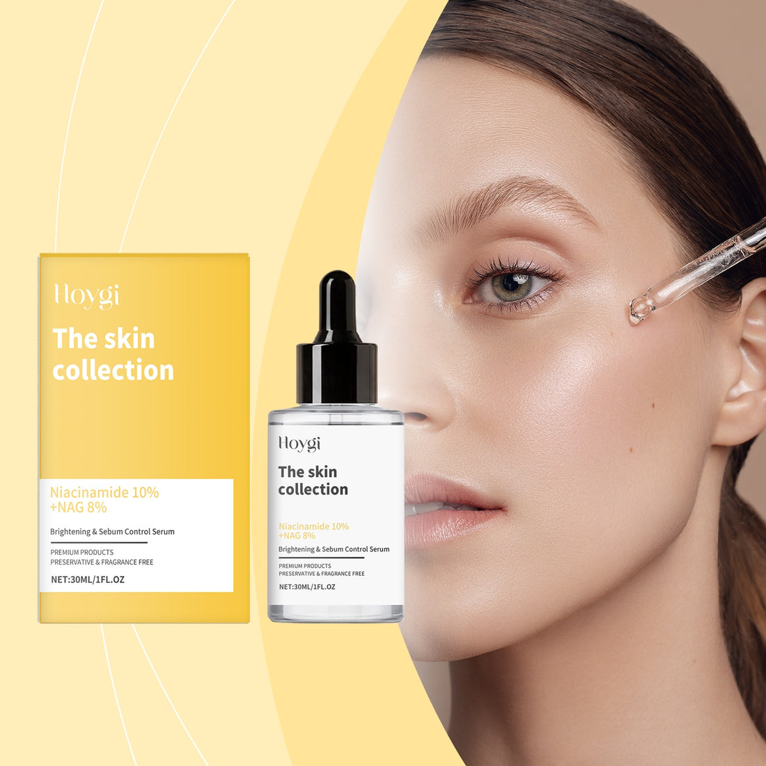 Hoygi skincare product with packaging and a woman applying the product.