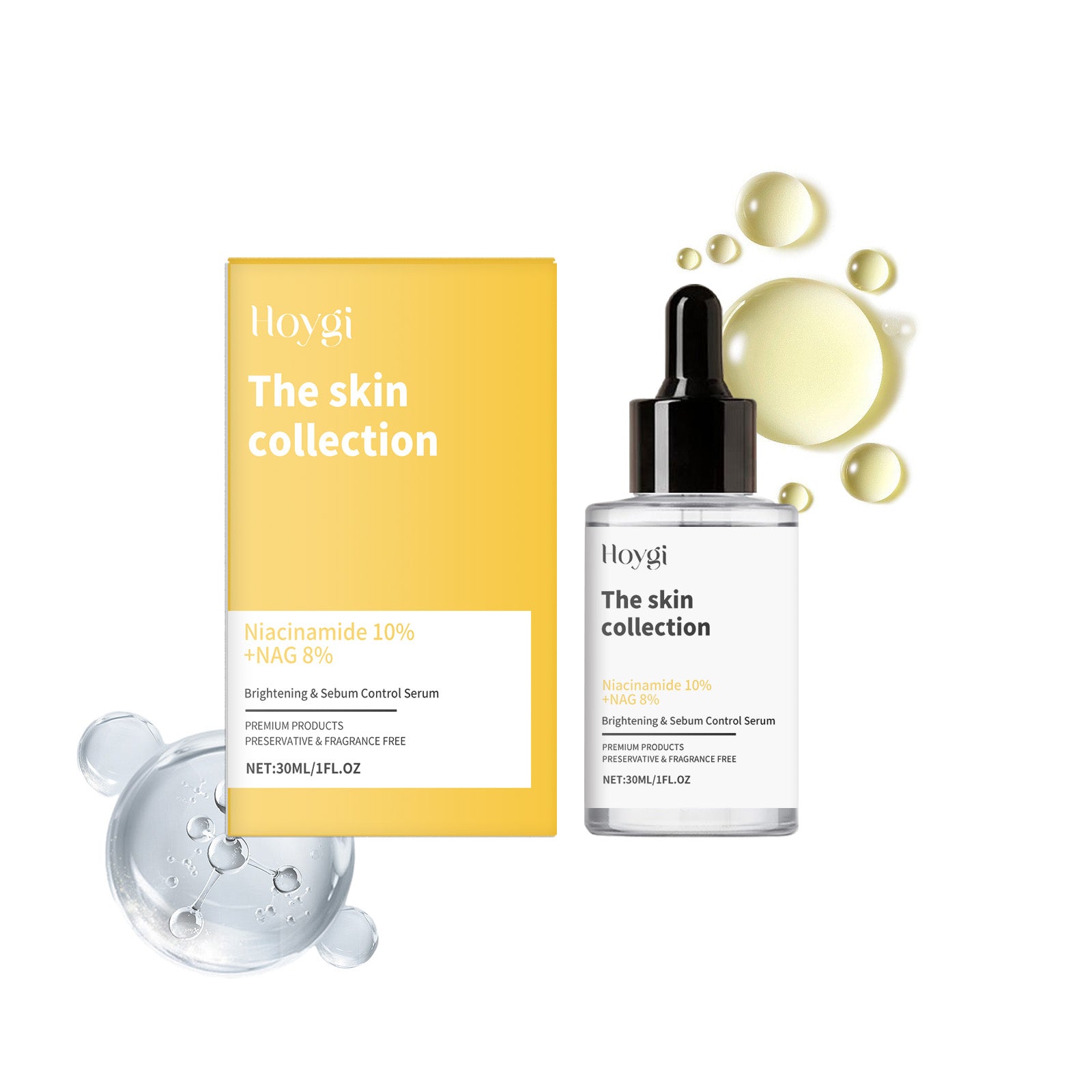 Hoygi skincare serum with dropper and packaging on a white background