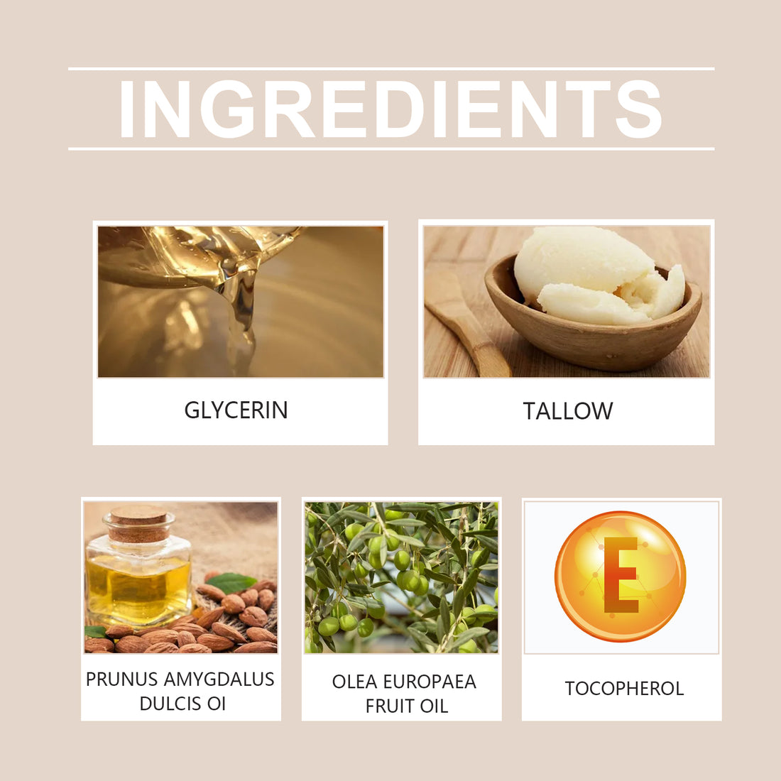 Ingredients list with images and names on a beige background
