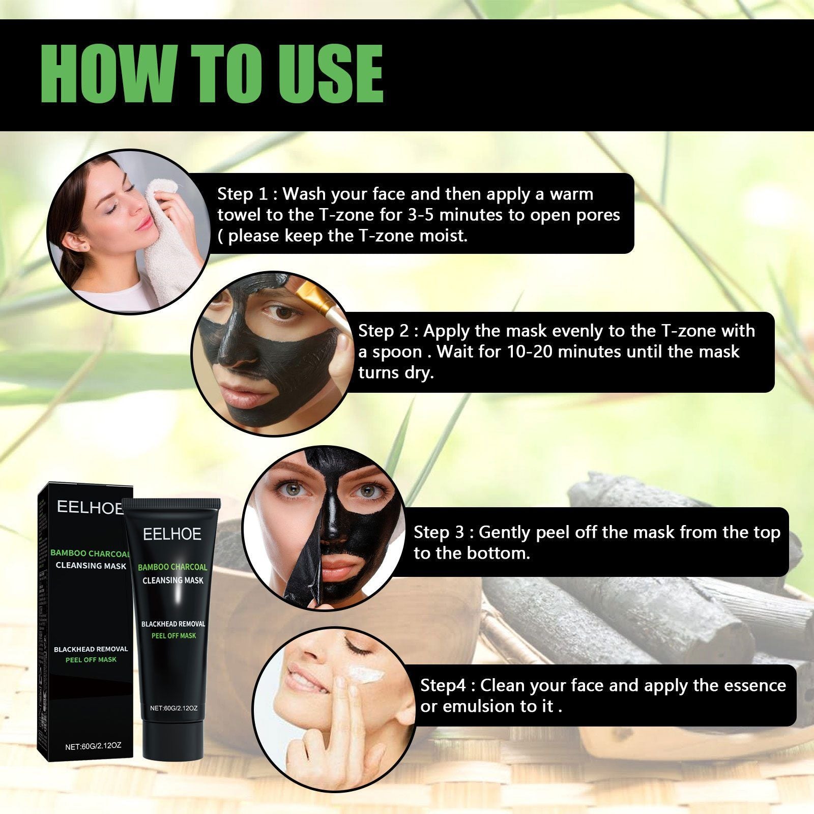 Instructions on how to use a bamboo charcoal cleansing mask with product packaging and application steps.