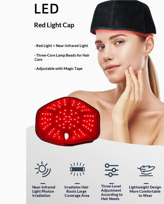 LED Red Light Cap with woman wearing it, showing benefits on a white background