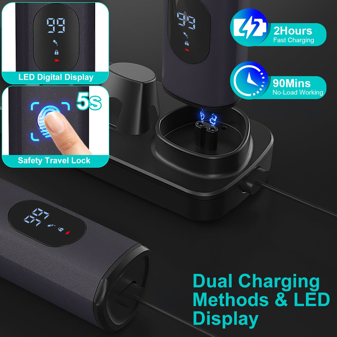 Black electronic device with LED digital display and charging features on a dark background