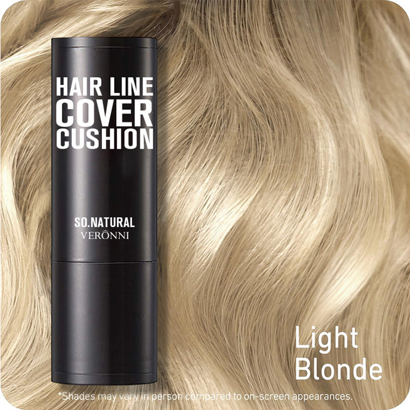Hair line cover cushion with 'Light Blonde' text on a blonde hair background