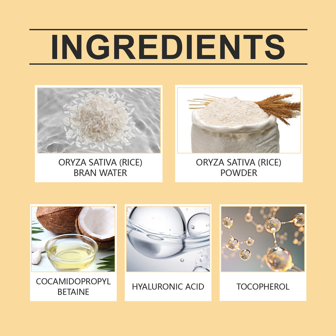 List of ingredients with images and text on a beige background