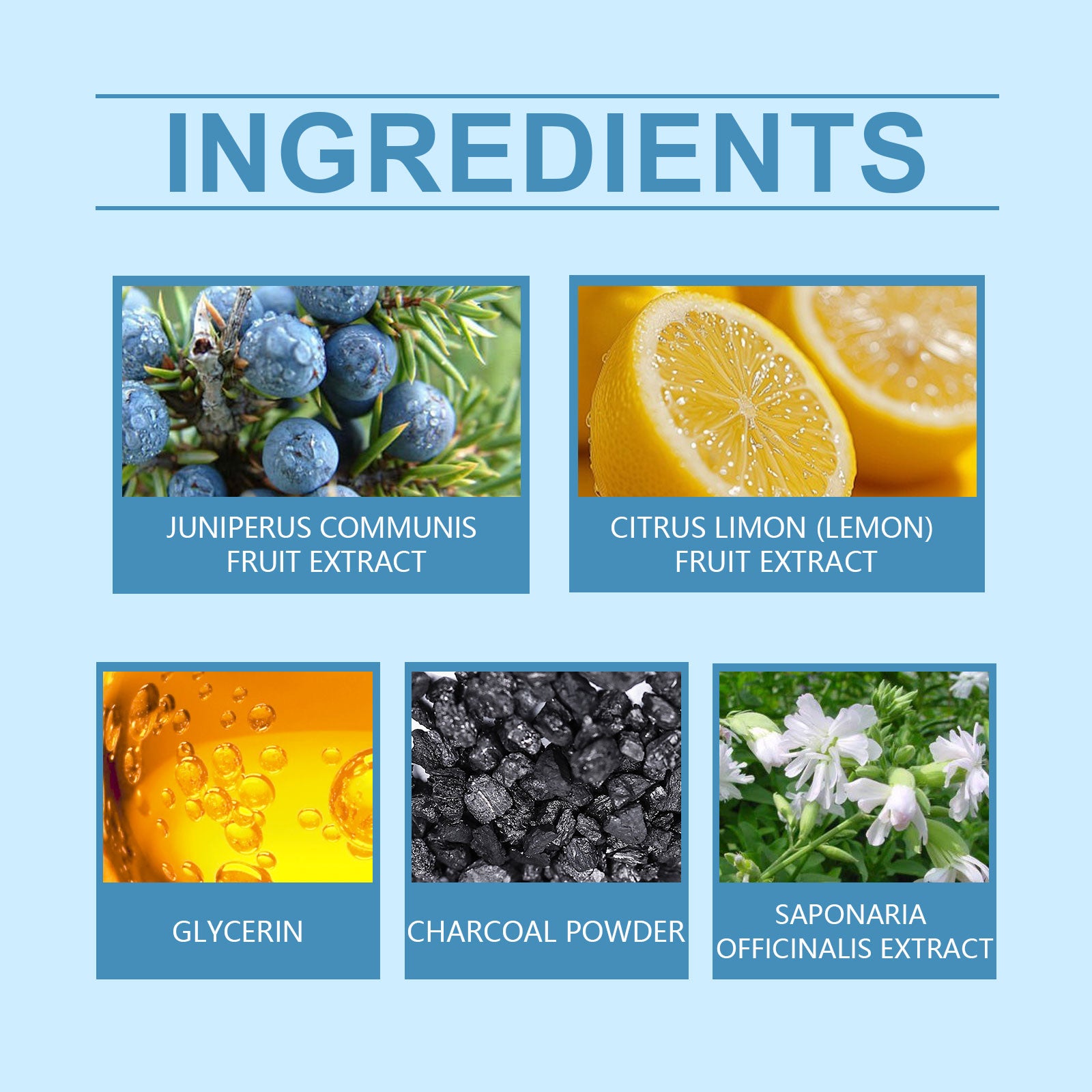 List of natural product ingredients with corresponding images and names on a blue background.