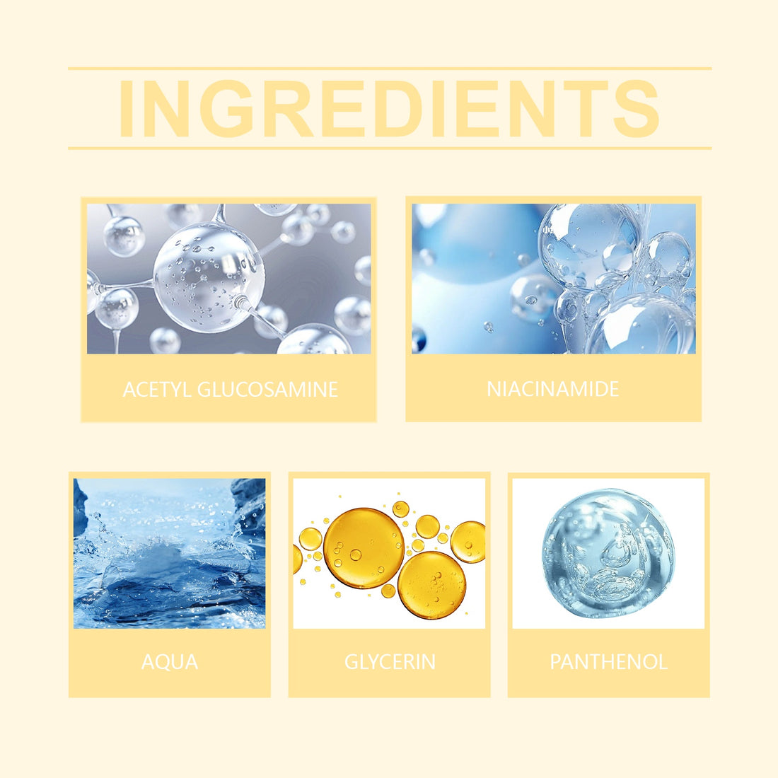 List of skincare ingredients with images and names on a beige background