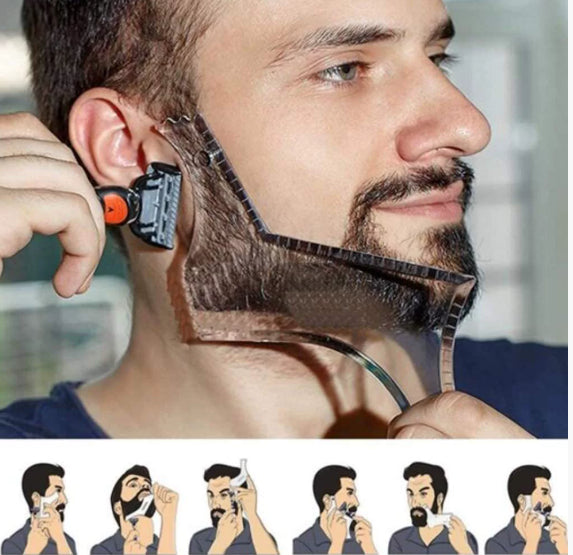 Man using a beard shaping tool with illustrations of beard styles below.