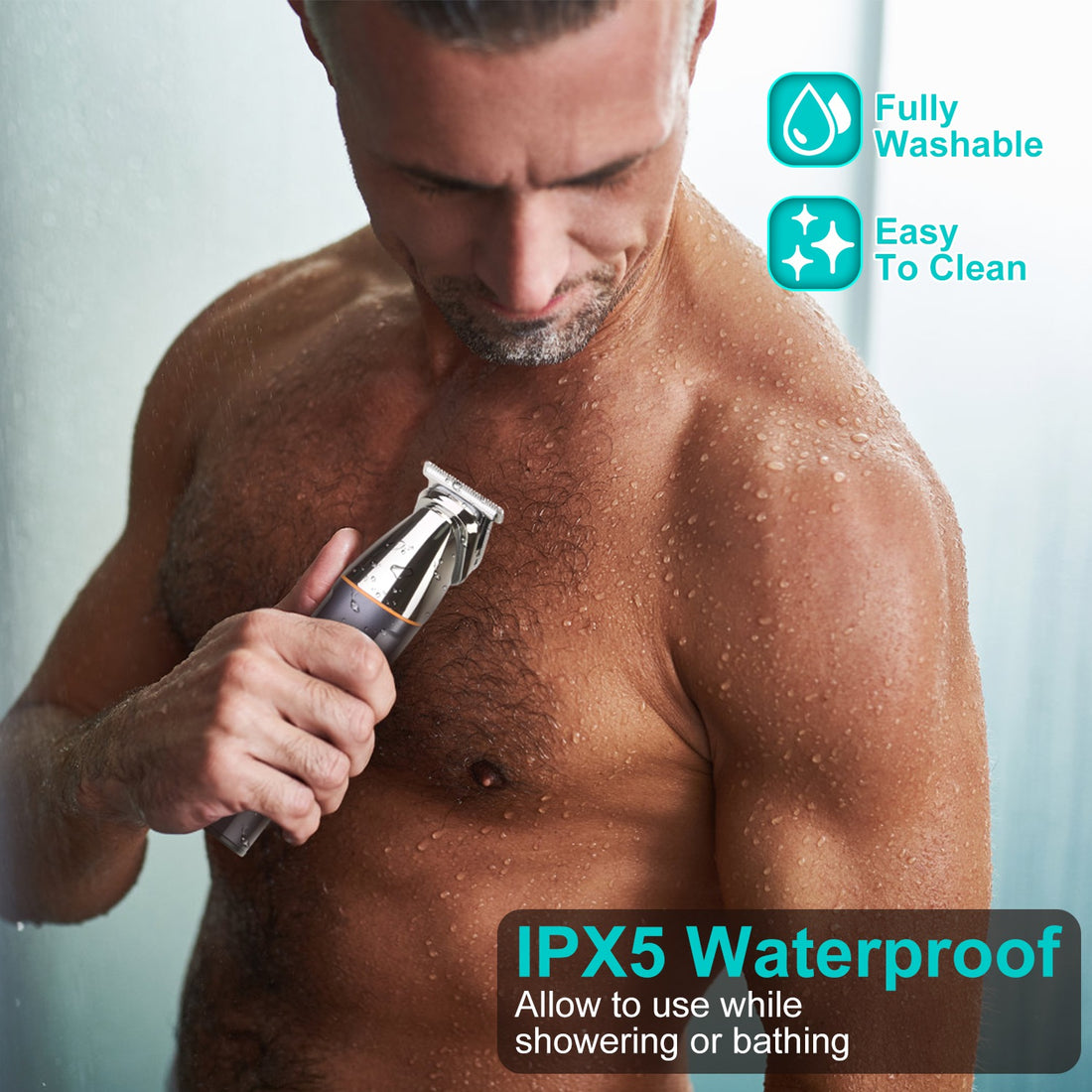 Man using a waterproof electric shaver with text indicating its features.