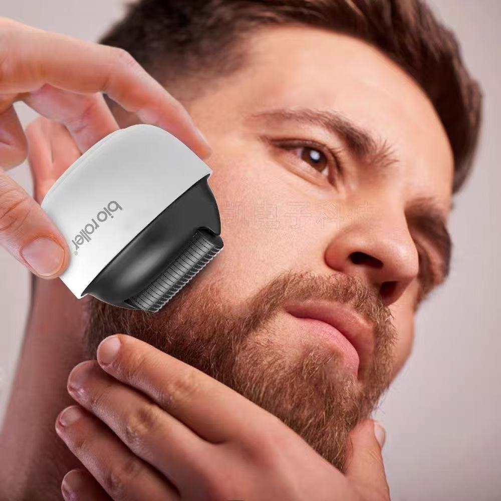 Man using a white and black electric shaver on his beard.