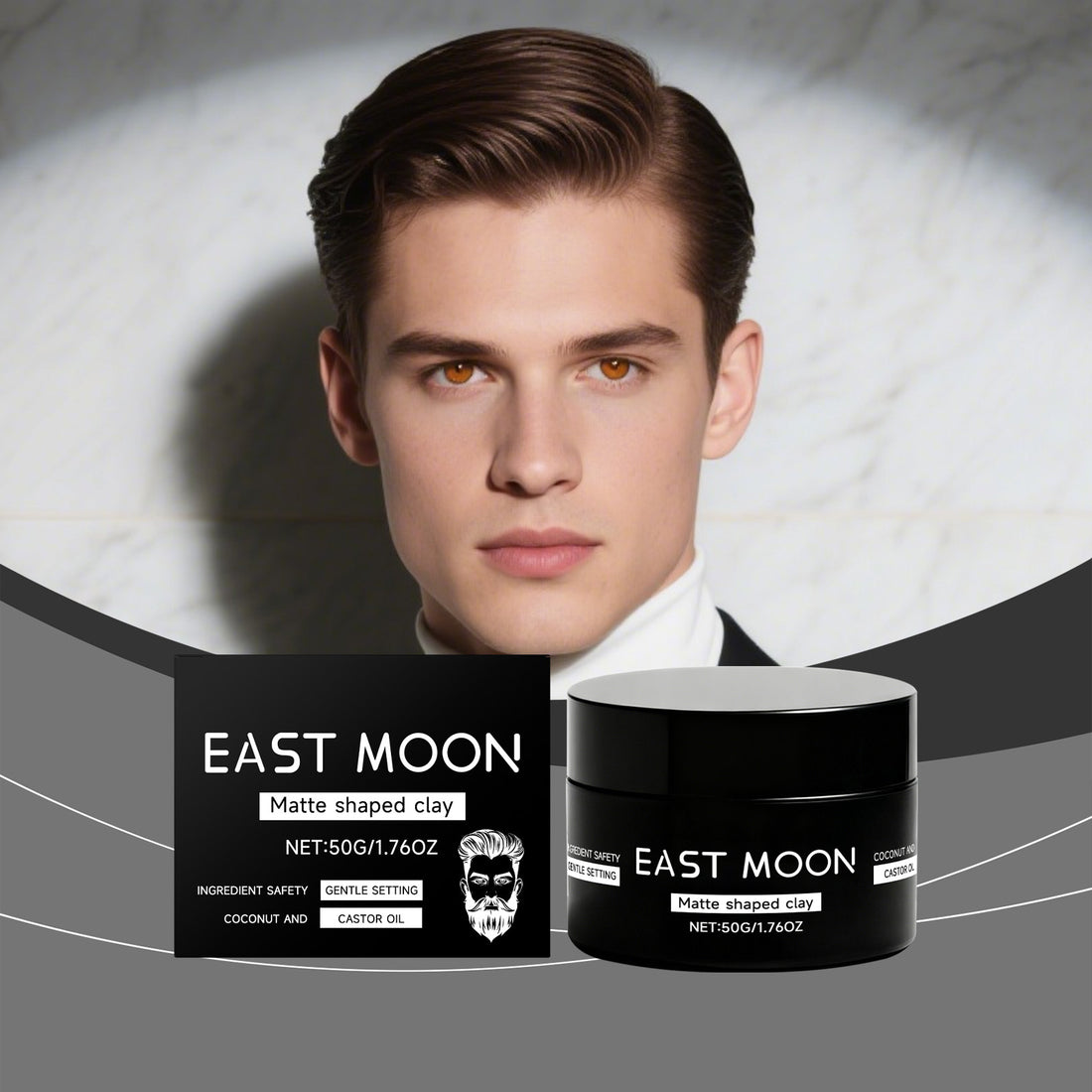 Man with styled hair next to East Moon hair product packaging