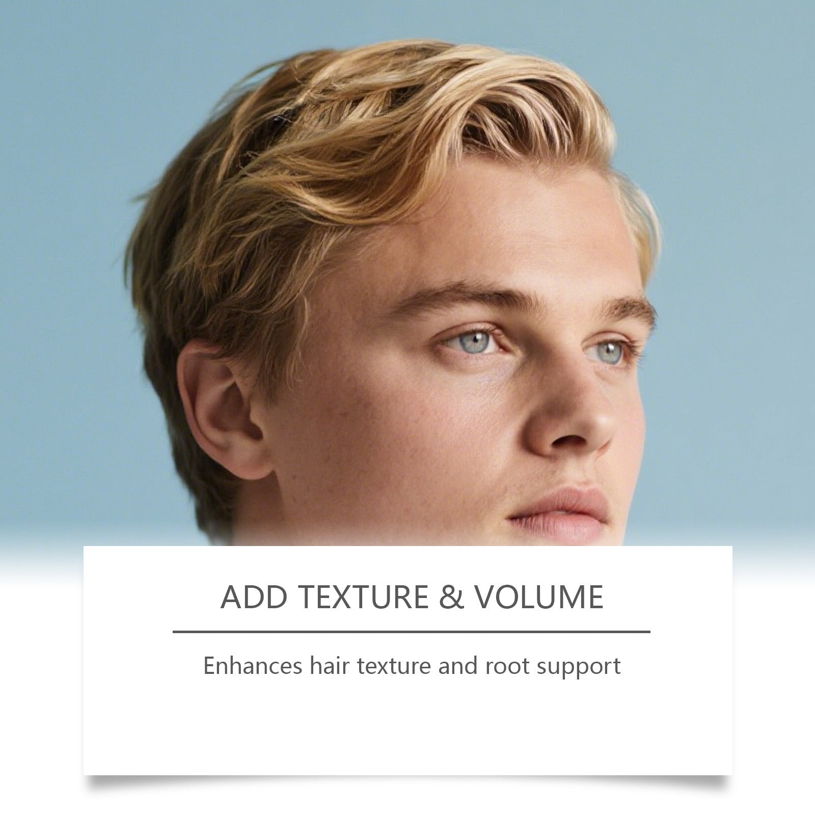 Man with styled hair against a light blue background with text about hair product features.