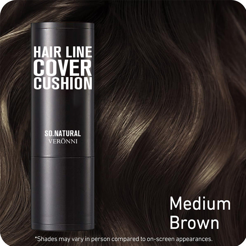 Hair line cover cushion with 'SO NATURAL VERONNI' branding against a brown hair background.