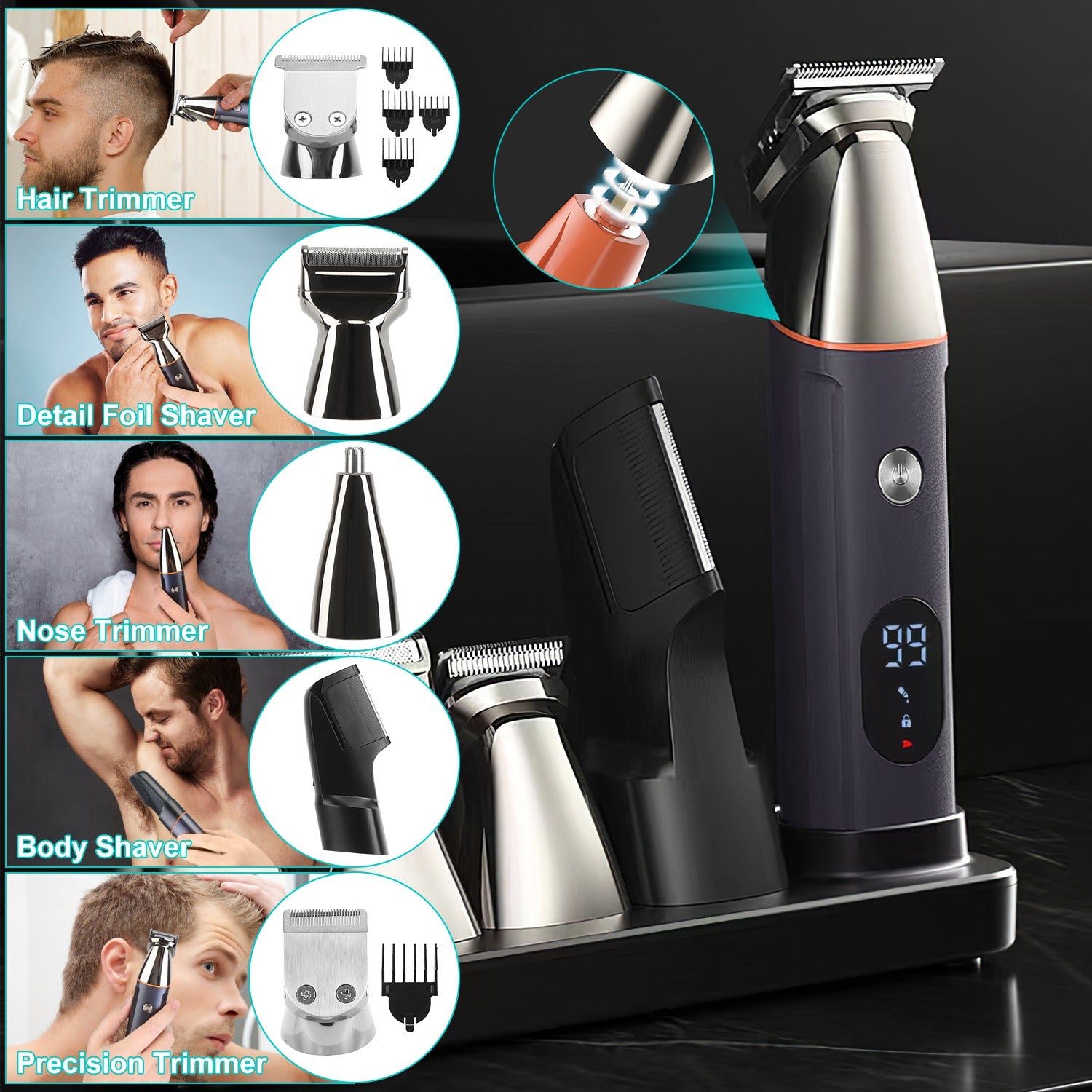 Multifunctional hair trimmer with various attachments on a black background