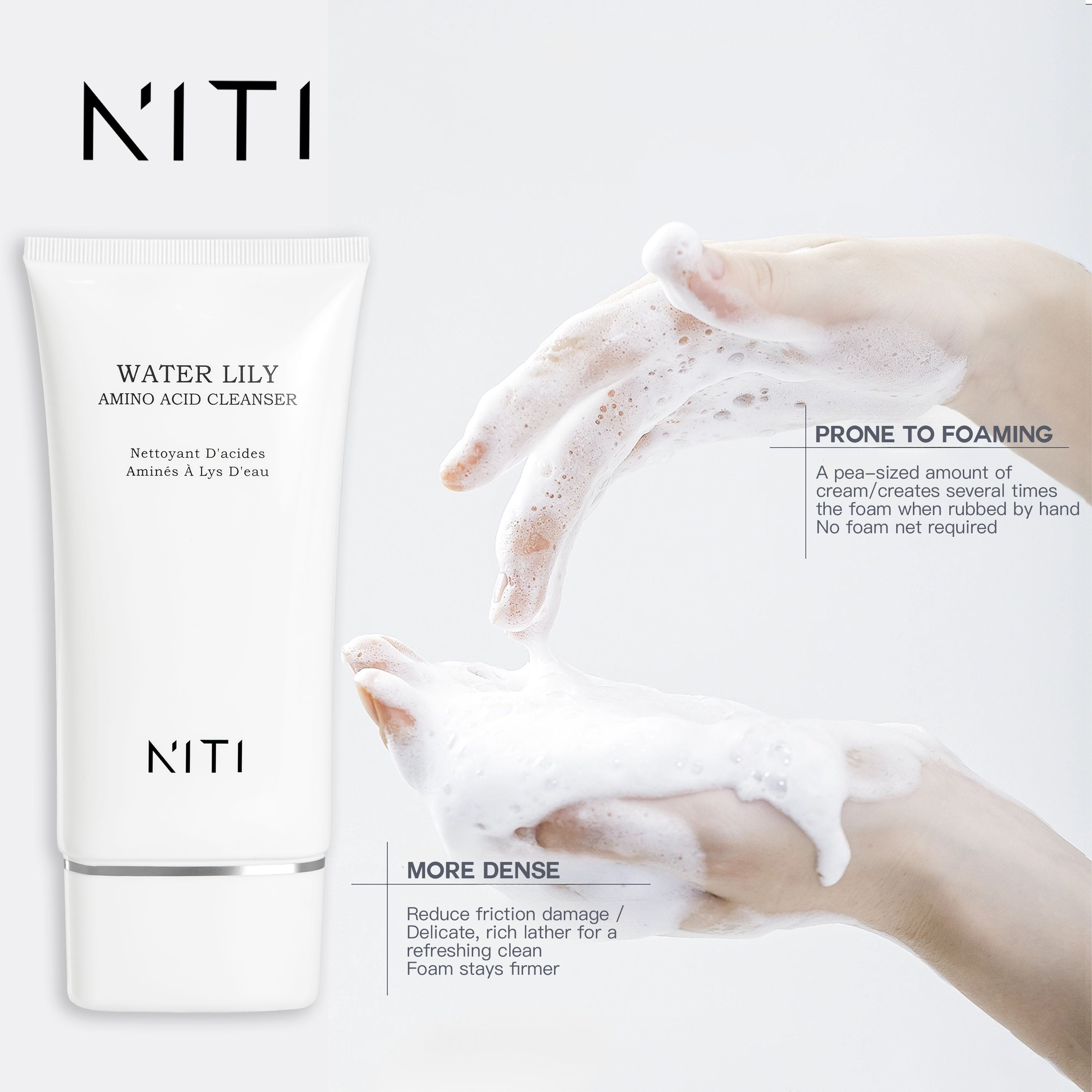 NITI Water Lily Amino Acid Cleanser tube shown next to hands lathered with white foam, with descriptive text on a clean white background.