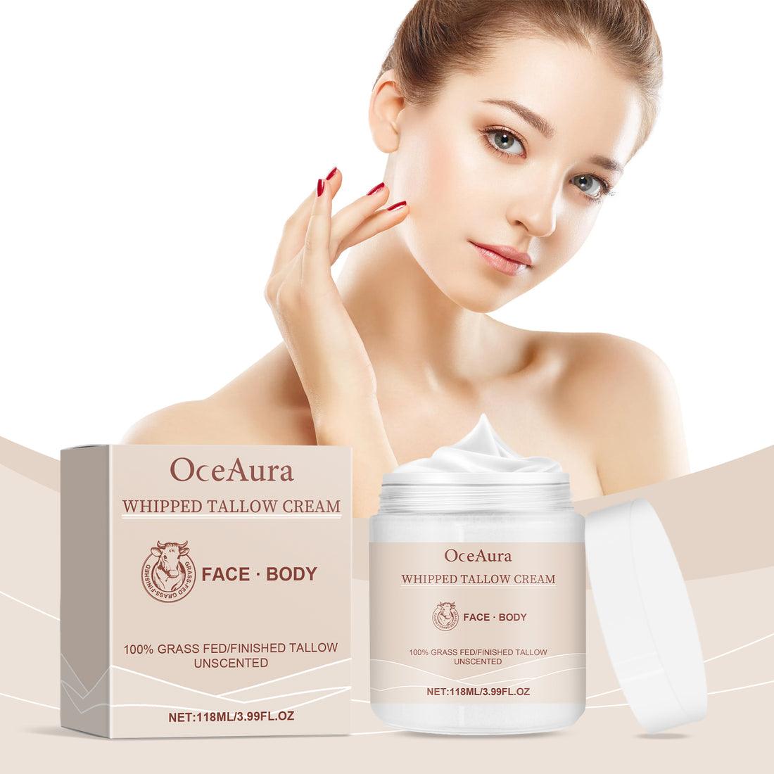 OceAura whipped tallow cream with packaging and a woman applying the cream.